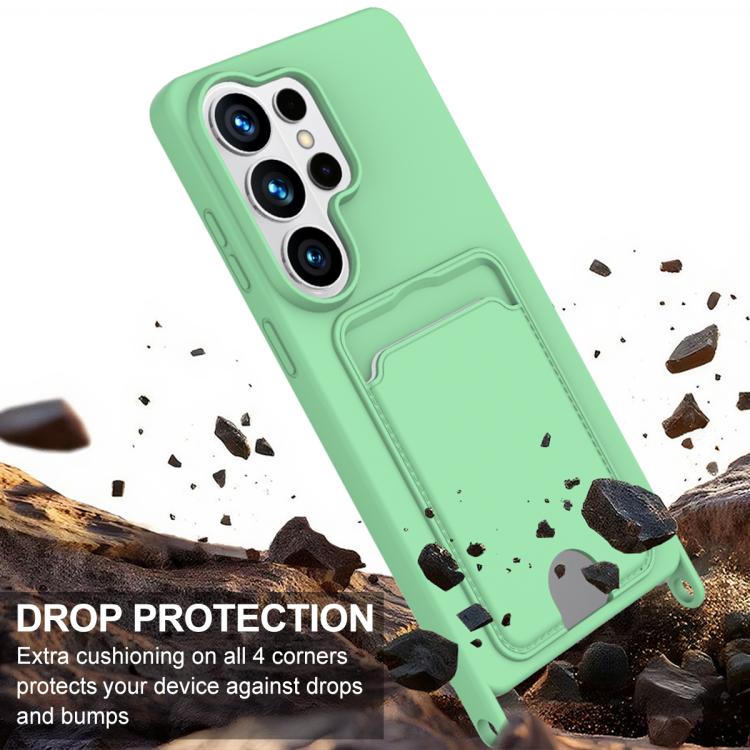 For Samsung Galaxy S26 Ultra 5G Integrated Card Bag Solid Color Liquid Silicone Phone Case Gen2 with Short Lanyard