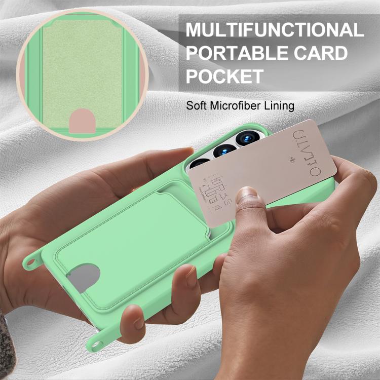 For Samsung Galaxy S26 Ultra 5G Integrated Card Bag Solid Color Liquid Silicone Phone Case Gen2 with Short Lanyard