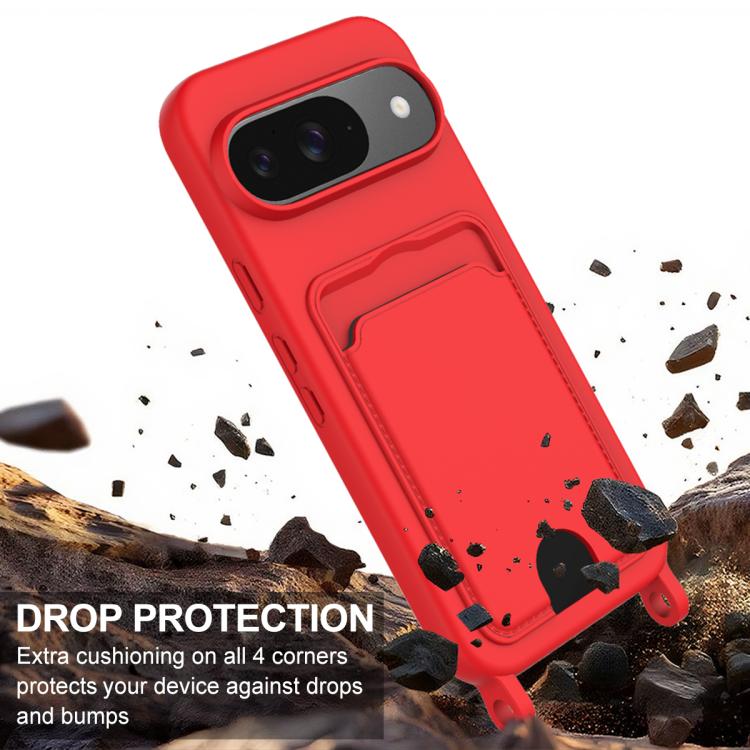 For Google Pixel 9  Integrated Card Bag Solid Color Liquid Silicone Phone Case Gen2 with Short Lanyard