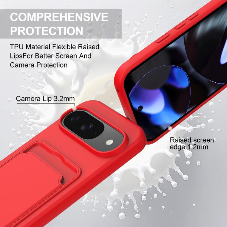 For Google Pixel 9  Integrated Card Bag Solid Color Liquid Silicone Phone Case Gen2 with Short Lanyard