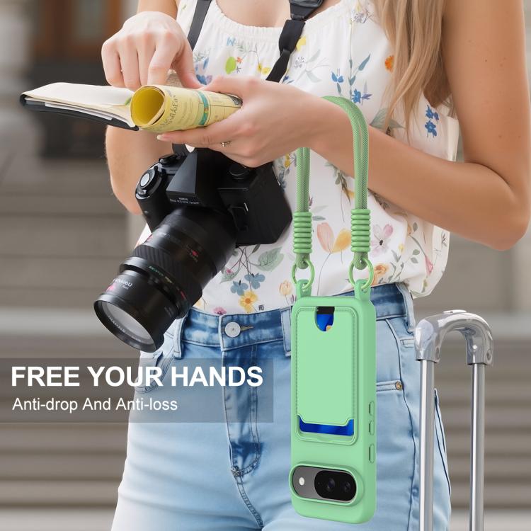 For Google Pixel 9  Integrated Card Bag Solid Color Liquid Silicone Phone Case Gen2 with Short Lanyard