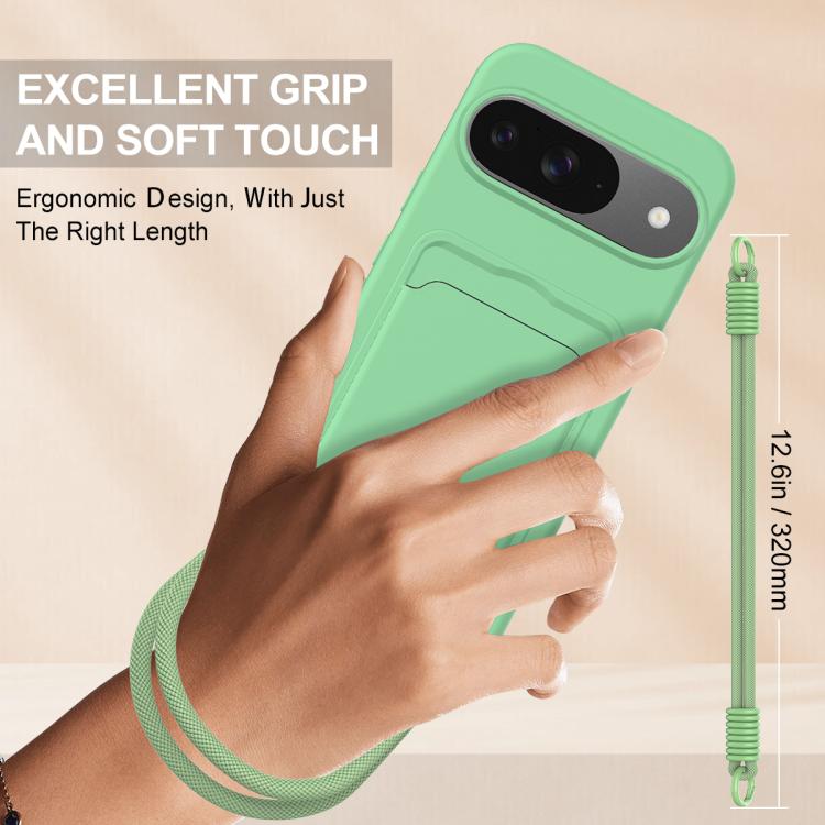 For Google Pixel 9  Integrated Card Bag Solid Color Liquid Silicone Phone Case Gen2 with Short Lanyard