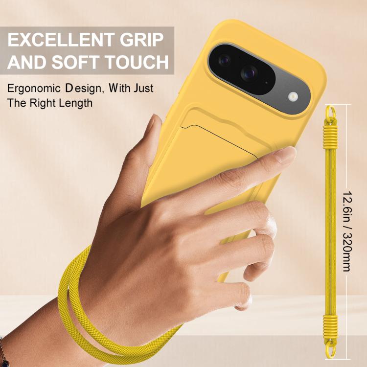 For Google Pixel 9  Integrated Card Bag Solid Color Liquid Silicone Phone Case Gen2 with Short Lanyard