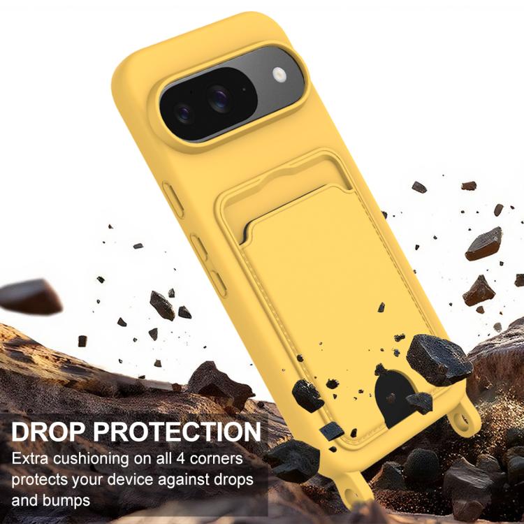 For Google Pixel 9  Integrated Card Bag Solid Color Liquid Silicone Phone Case Gen2 with Short Lanyard