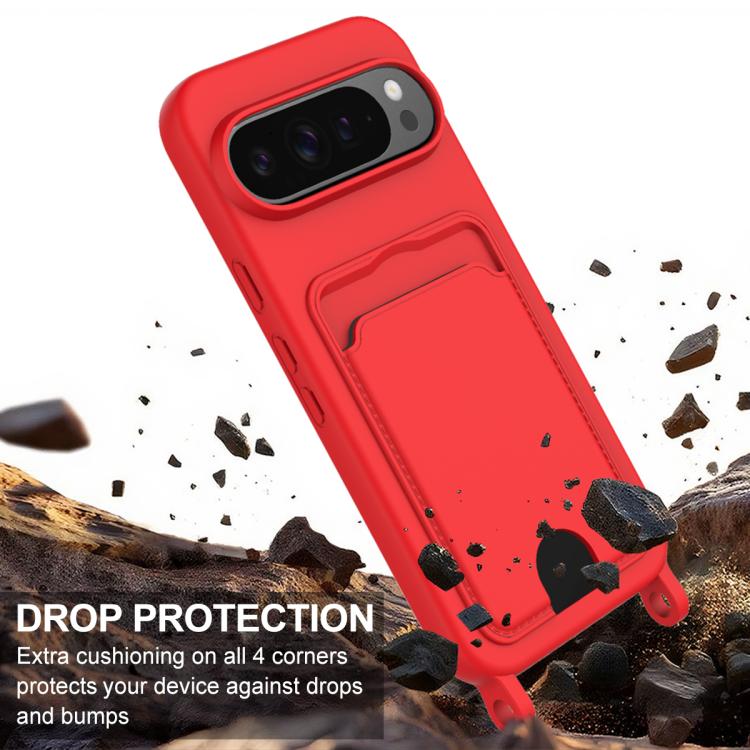 For Google Pixel 9 Pro Integrated Card Bag Solid Color Liquid Silicone Phone Case Gen2 with Short Lanyard