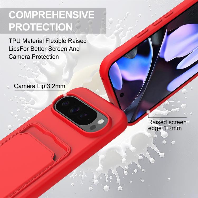 For Google Pixel 9 Pro Integrated Card Bag Solid Color Liquid Silicone Phone Case Gen2 with Short Lanyard
