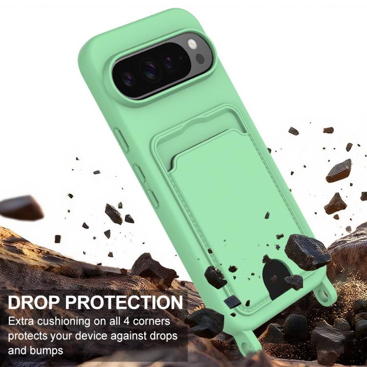 For Google Pixel 9 Pro Integrated Card Bag Solid Color Liquid Silicone Phone Case Gen2 with Short Lanyard