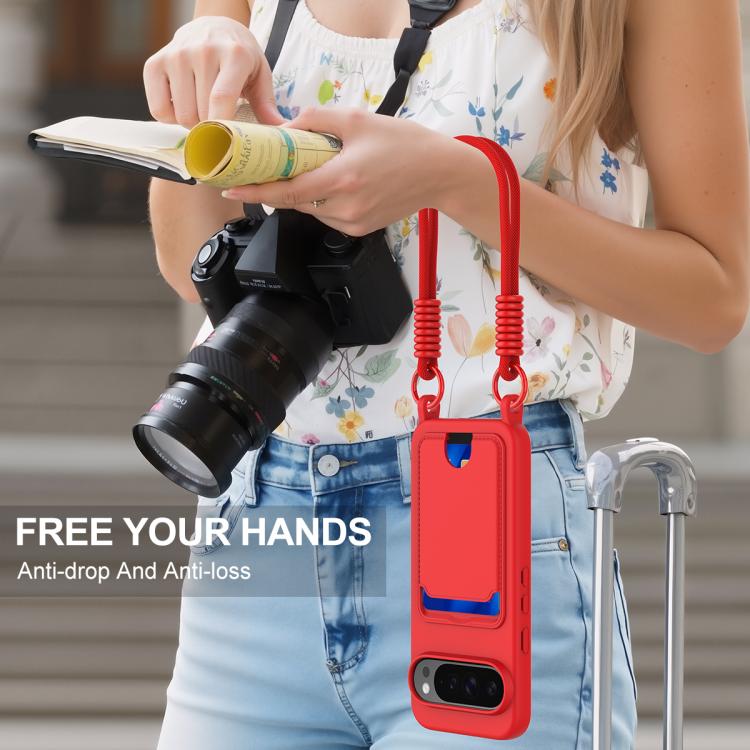For Google Pixel 9 Pro XL Integrated Card Bag Solid Color Liquid Silicone Phone Case Gen2 with Short Lanyard