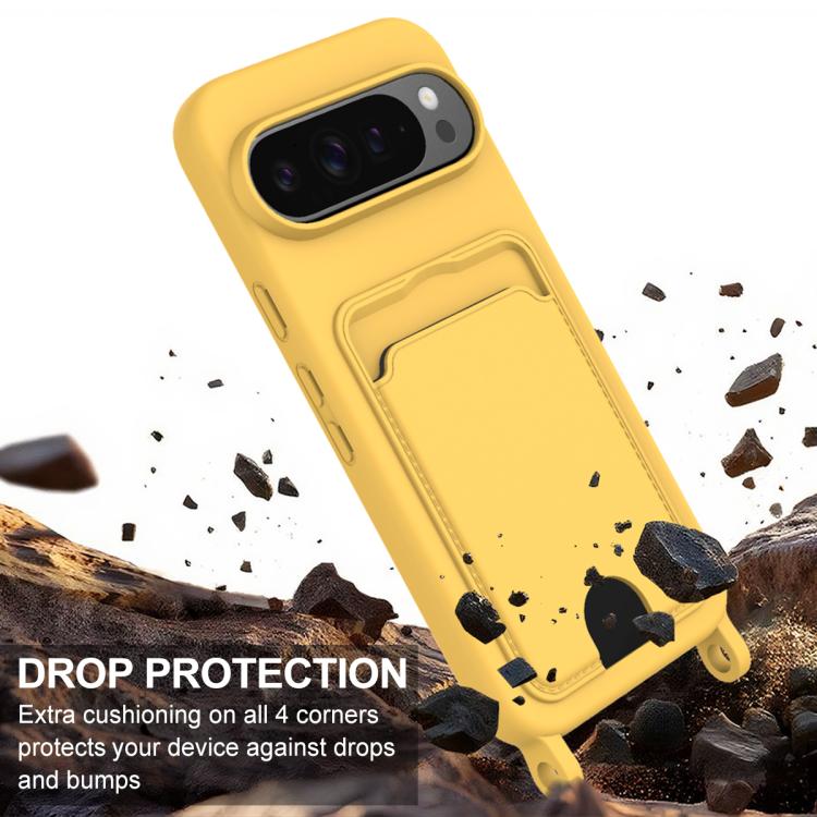For Google Pixel 9 Pro XL Integrated Card Bag Solid Color Liquid Silicone Phone Case Gen2 with Short Lanyard