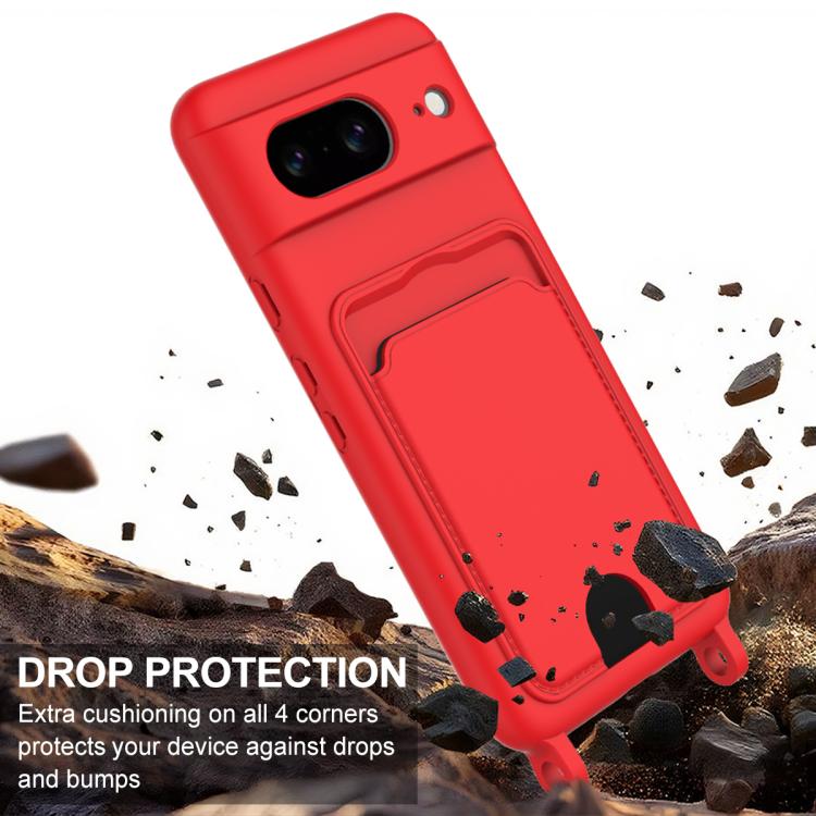 For Google Pixel 8 Integrated Card Bag Solid Color Liquid Silicone Phone Case Gen2 with Short Lanyard