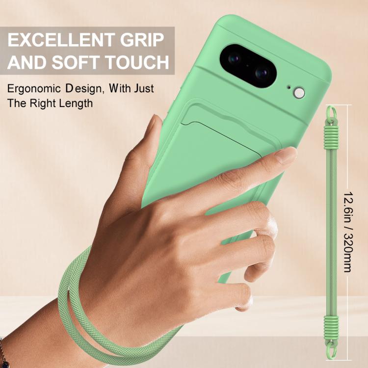 For Google Pixel 8 Integrated Card Bag Solid Color Liquid Silicone Phone Case Gen2 with Short Lanyard