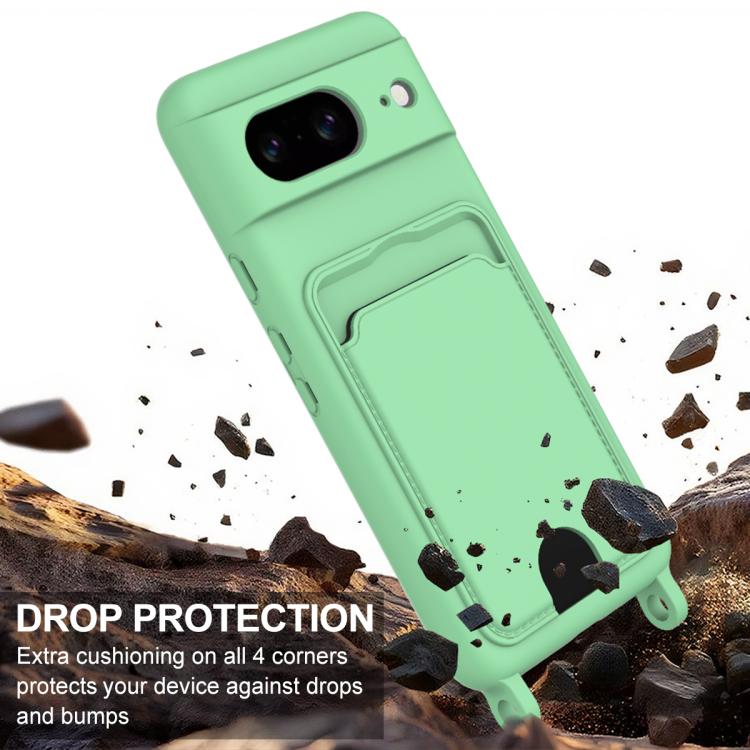 For Google Pixel 8 Integrated Card Bag Solid Color Liquid Silicone Phone Case Gen2 with Short Lanyard