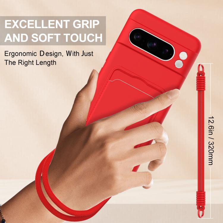 For Google Pixel 8 Pro Integrated Card Bag Solid Color Liquid Silicone Phone Case Gen2 with Short Lanyard