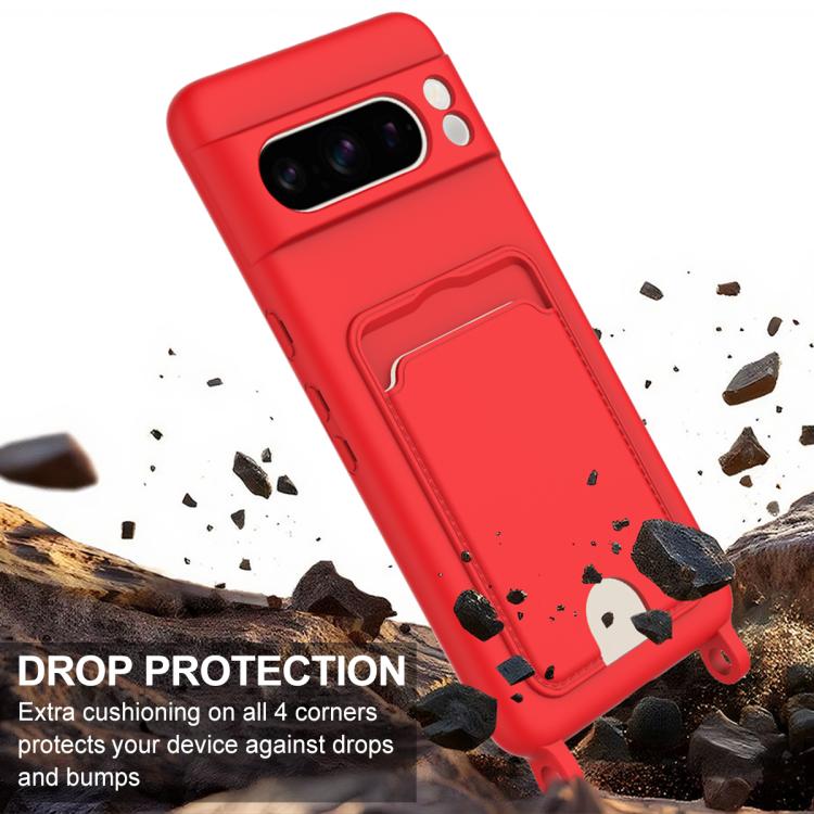 For Google Pixel 8 Pro Integrated Card Bag Solid Color Liquid Silicone Phone Case Gen2 with Short Lanyard