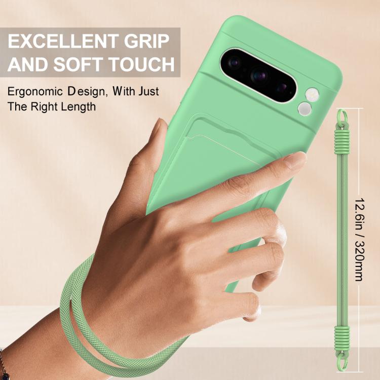 For Google Pixel 8 Pro Integrated Card Bag Solid Color Liquid Silicone Phone Case Gen2 with Short Lanyard