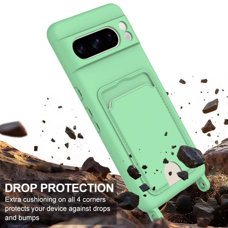 For Google Pixel 8 Pro Integrated Card Bag Solid Color Liquid Silicone Phone Case Gen2 with Short Lanyard
