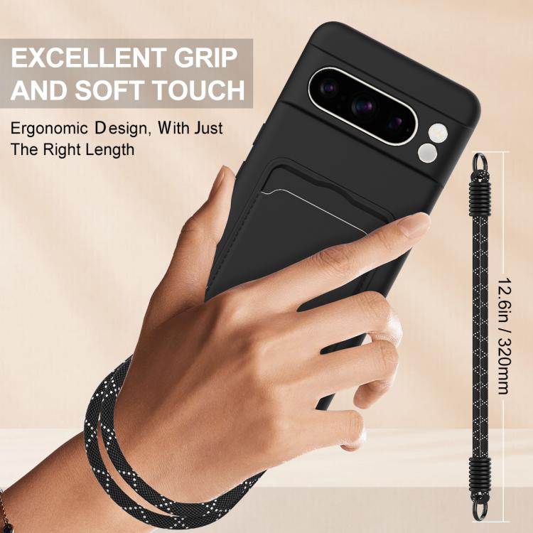 For Google Pixel 8 Pro Integrated Card Bag Solid Color Liquid Silicone Phone Case Gen2 with Short Lanyard