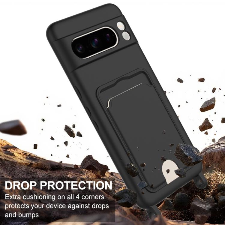 For Google Pixel 8 Pro Integrated Card Bag Solid Color Liquid Silicone Phone Case Gen2 with Short Lanyard
