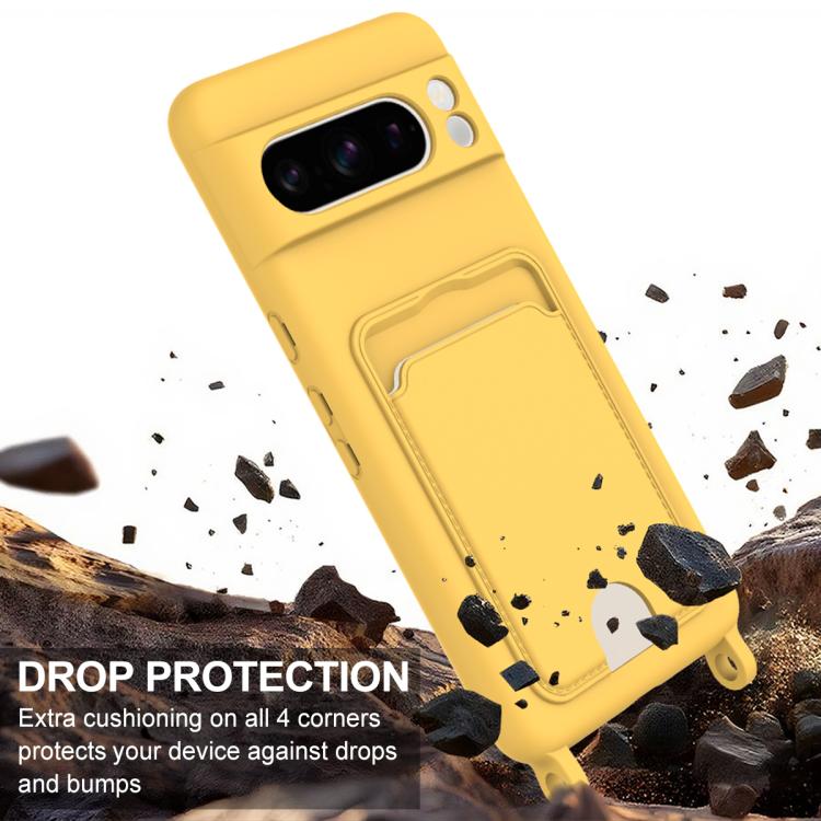 For Google Pixel 8 Pro Integrated Card Bag Solid Color Liquid Silicone Phone Case Gen2 with Short Lanyard
