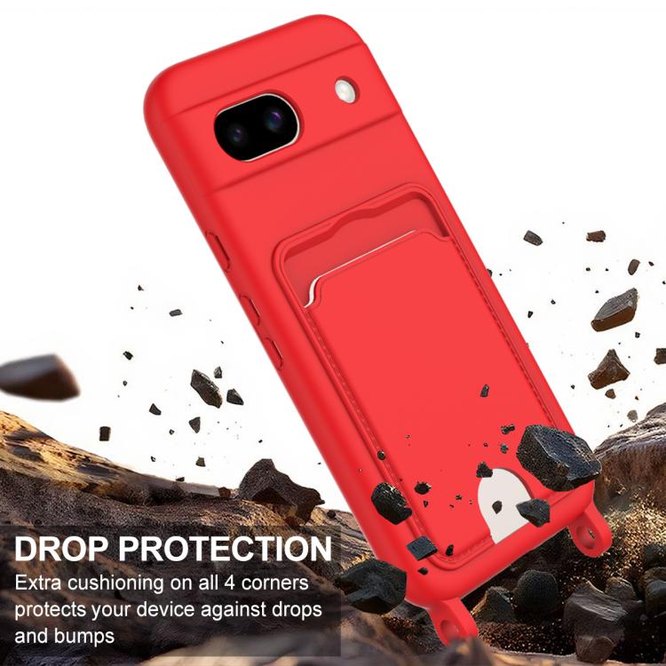 For Google Pixel 8a Integrated Card Bag Solid Color Liquid Silicone Phone Case Gen2 with Short Lanyard