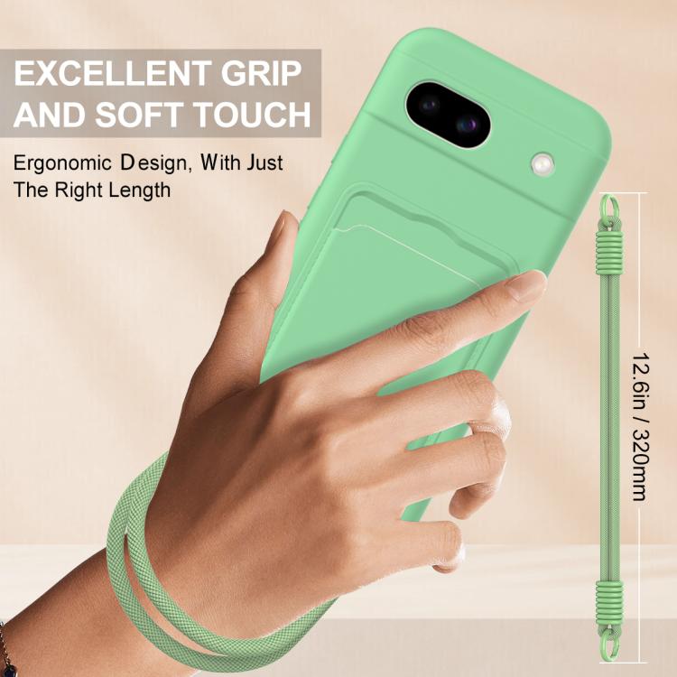 For Google Pixel 8a Integrated Card Bag Solid Color Liquid Silicone Phone Case Gen2 with Short Lanyard