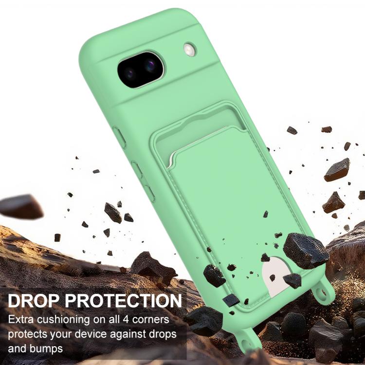 For Google Pixel 8a Integrated Card Bag Solid Color Liquid Silicone Phone Case Gen2 with Short Lanyard