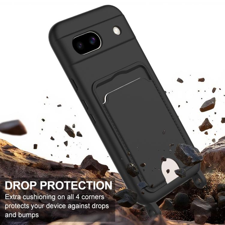 For Google Pixel 8a Integrated Card Bag Solid Color Liquid Silicone Phone Case Gen2 with Short Lanyard
