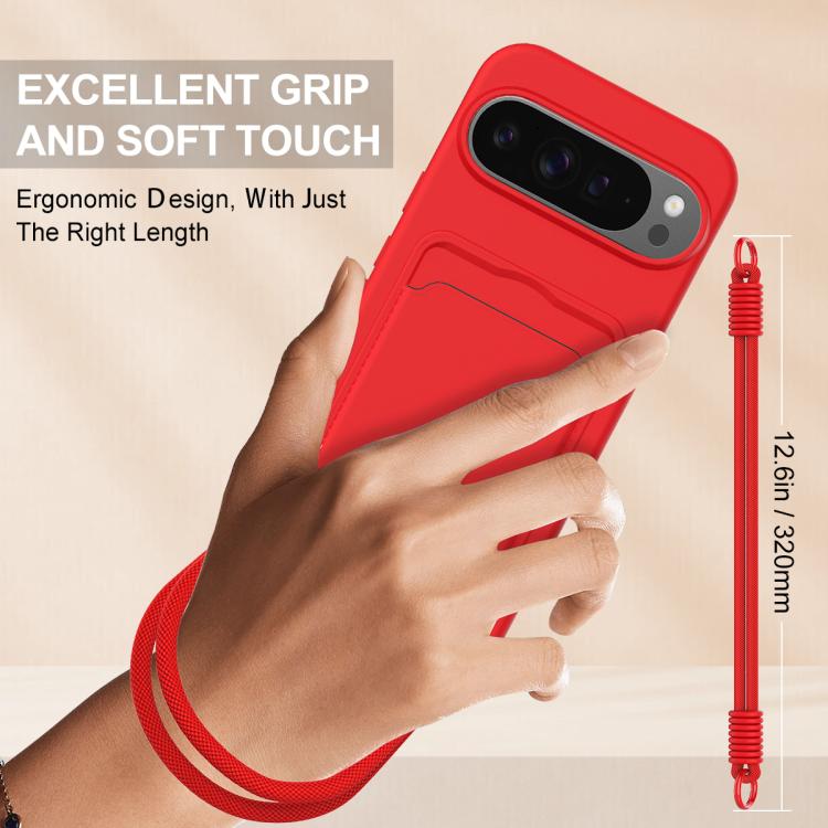 For Google Pixel 10 Pro Integrated Card Bag Solid Color Liquid Silicone Phone Case Gen2 with Short Lanyard