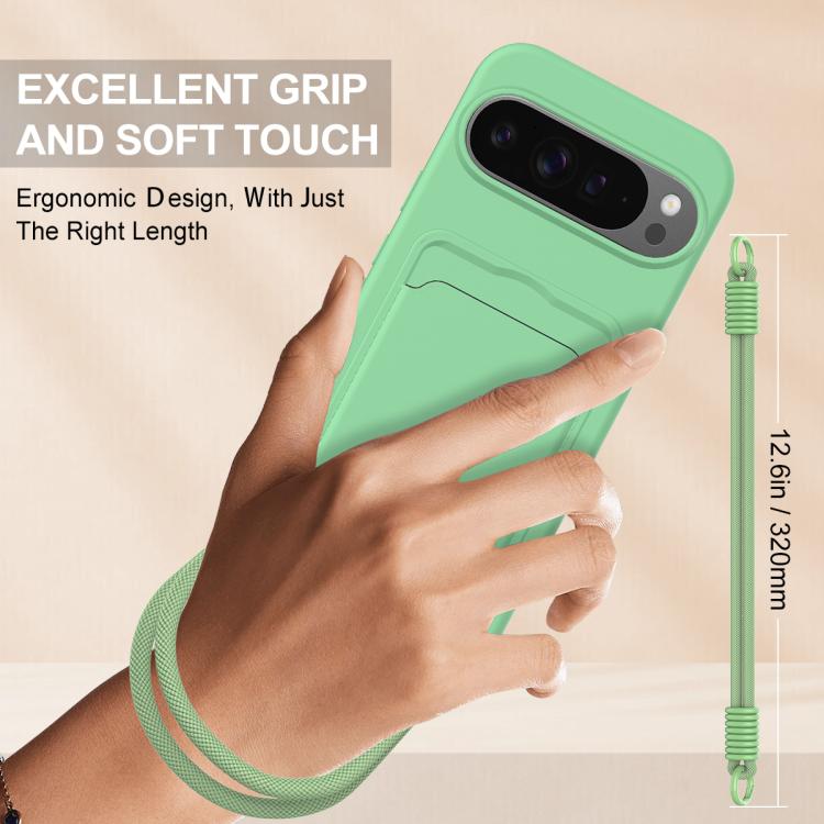 For Google Pixel 10 Pro Integrated Card Bag Solid Color Liquid Silicone Phone Case Gen2 with Short Lanyard