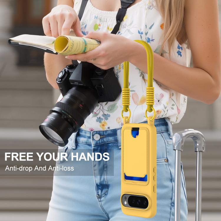 For Google Pixel 10 Pro Integrated Card Bag Solid Color Liquid Silicone Phone Case Gen2 with Short Lanyard