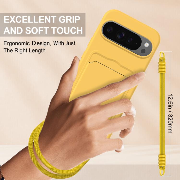 For Google Pixel 10 Pro Integrated Card Bag Solid Color Liquid Silicone Phone Case Gen2 with Short Lanyard