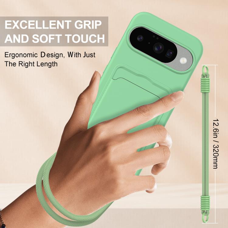 For Google Pixel 10 Integrated Card Bag Solid Color Liquid Silicone Phone Case Gen2 with Short Lanyard