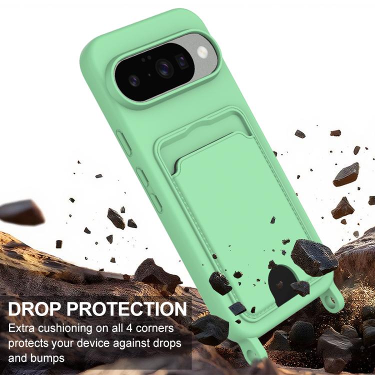 For Google Pixel 10 Integrated Card Bag Solid Color Liquid Silicone Phone Case Gen2 with Short Lanyard