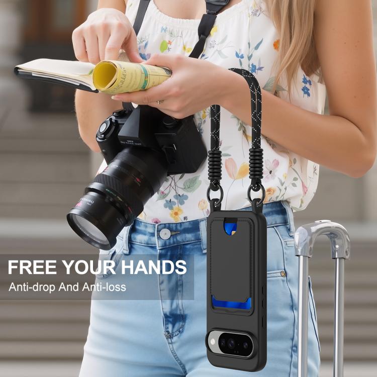 For Google Pixel 10 Integrated Card Bag Solid Color Liquid Silicone Phone Case Gen2 with Short Lanyard
