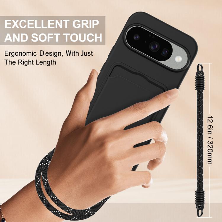 For Google Pixel 10 Integrated Card Bag Solid Color Liquid Silicone Phone Case Gen2 with Short Lanyard