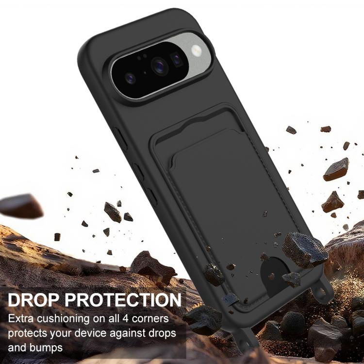 For Google Pixel 10 Integrated Card Bag Solid Color Liquid Silicone Phone Case Gen2 with Short Lanyard