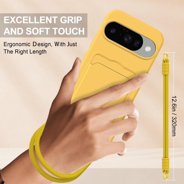 For Google Pixel 10 Integrated Card Bag Solid Color Liquid Silicone Phone Case Gen2 with Short Lanyard