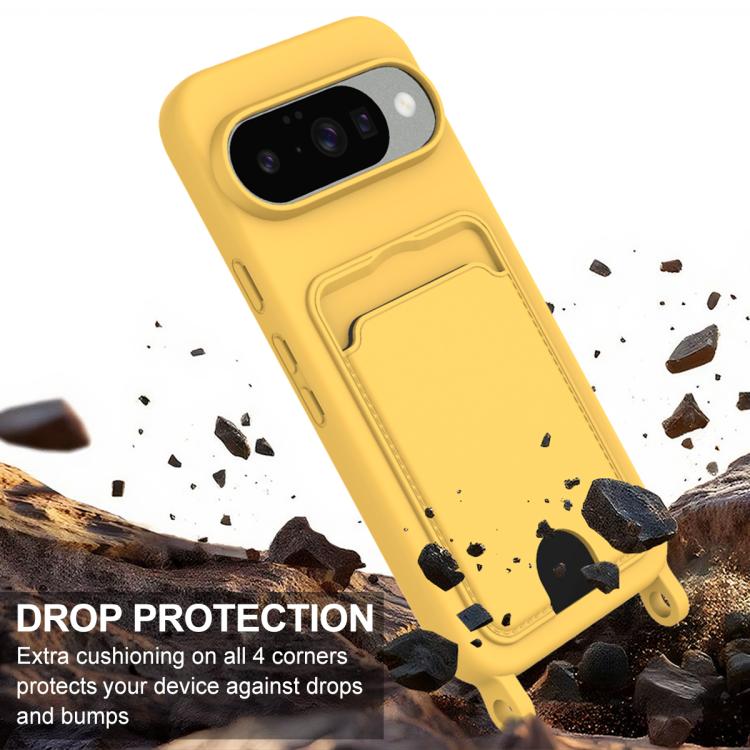 For Google Pixel 10 Integrated Card Bag Solid Color Liquid Silicone Phone Case Gen2 with Short Lanyard