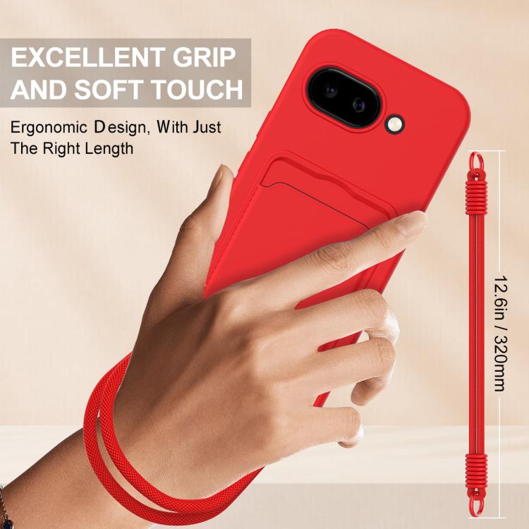 For Google Pixel 9a Integrated Card Bag Solid Color Liquid Silicone Phone Case Gen2 with Short Lanyard