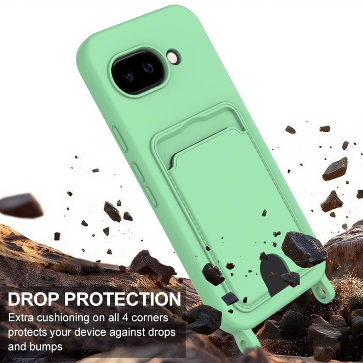 For Google Pixel 9a Integrated Card Bag Solid Color Liquid Silicone Phone Case Gen2 with Short Lanyard
