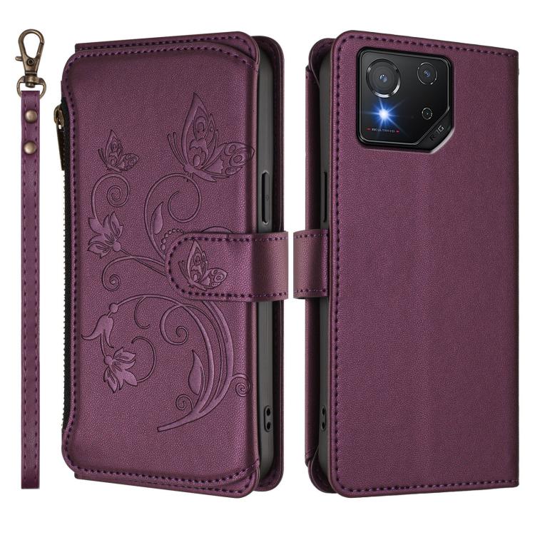 For ASUS ROG Phone 8 / 8 Pro Butterfly Love Flower Multi-card Zipper Wallet Leather Phone Case