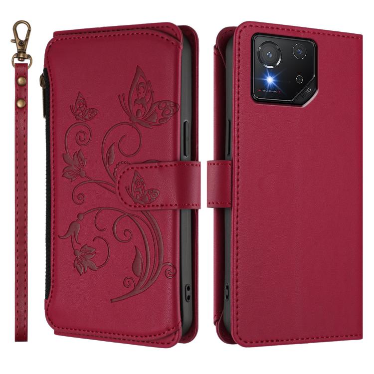 For ASUS ROG Phone 8 / 8 Pro Butterfly Love Flower Multi-card Zipper Wallet Leather Phone Case