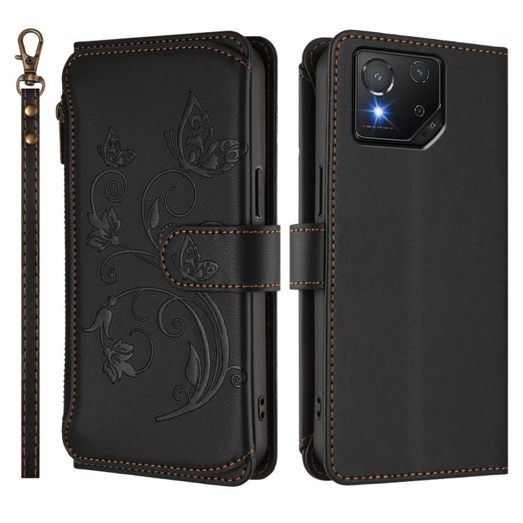 For ASUS ROG Phone 8 / 8 Pro Butterfly Love Flower Multi-card Zipper Wallet Leather Phone Case