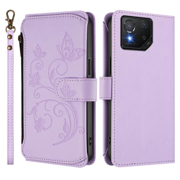 For ASUS ROG Phone 8 / 8 Pro Butterfly Love Flower Multi-card Zipper Wallet Leather Phone Case