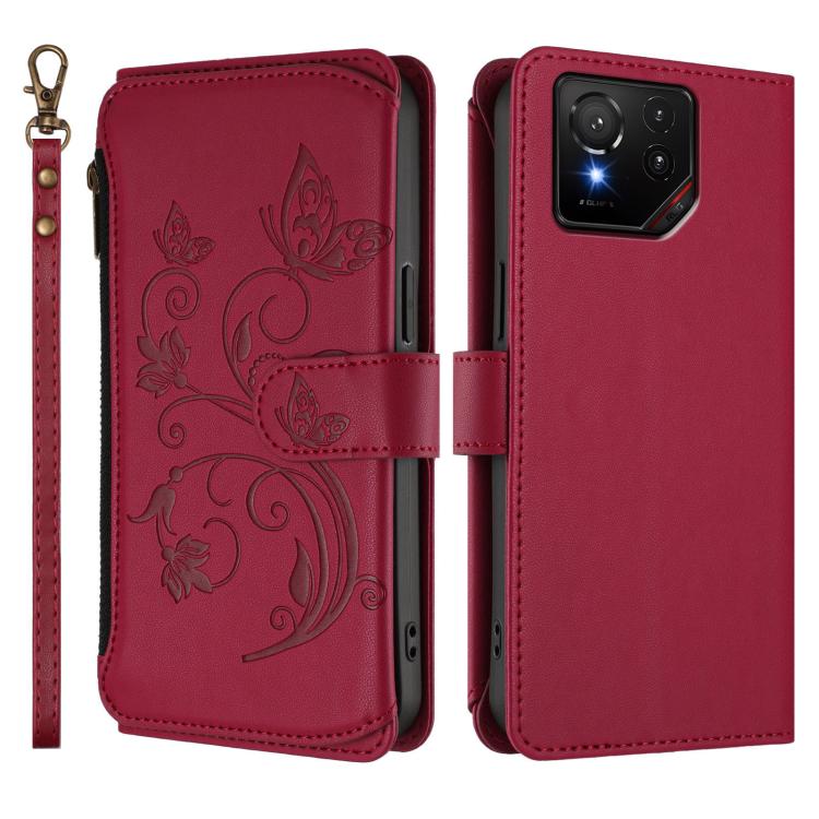 For ASUS ROG Phone 9 / 9 Pro Butterfly Love Flower Multi-card Zipper Wallet Leather Phone Case