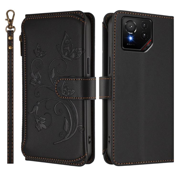 For ASUS ROG Phone 9 / 9 Pro Butterfly Love Flower Multi-card Zipper Wallet Leather Phone Case