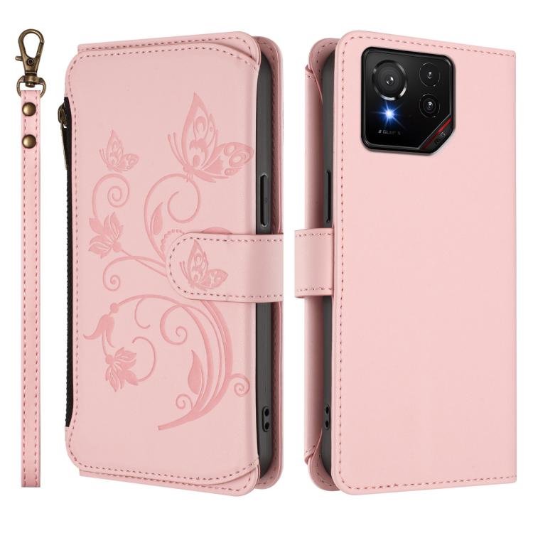 For ASUS ROG Phone 9 / 9 Pro Butterfly Love Flower Multi-card Zipper Wallet Leather Phone Case