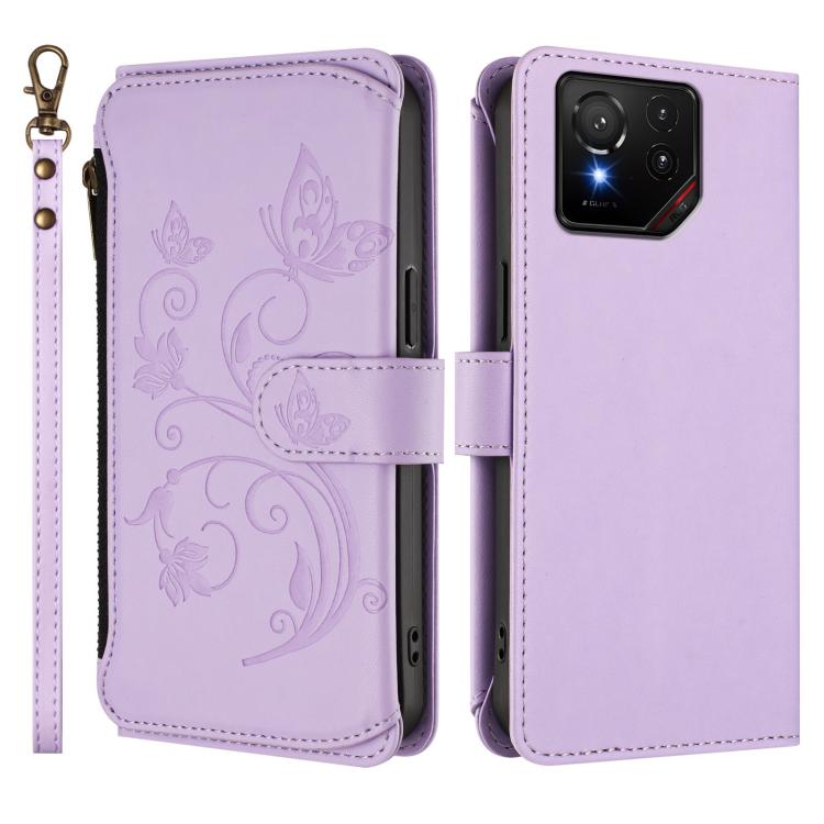 For ASUS ROG Phone 9 / 9 Pro Butterfly Love Flower Multi-card Zipper Wallet Leather Phone Case