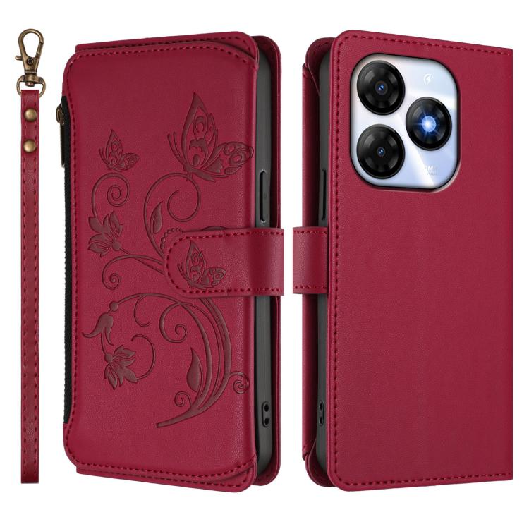 For Itel P55 4G / Infinix Smart 8 Butterfly Love Flower Multi-card Zipper Wallet Leather Phone Case