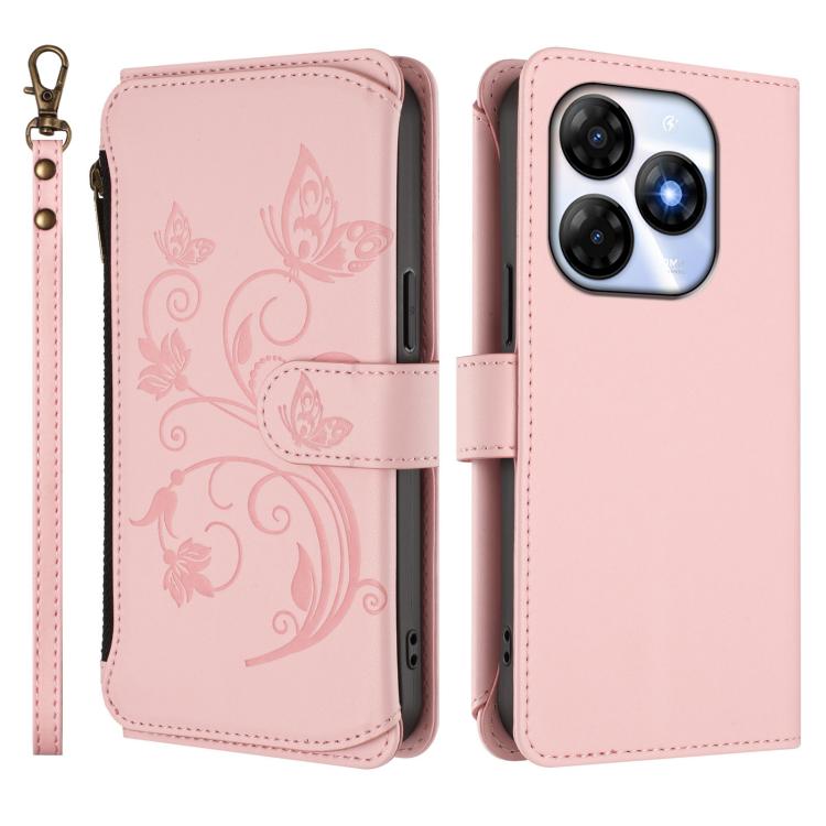 For Itel P55 4G / Infinix Smart 8 Butterfly Love Flower Multi-card Zipper Wallet Leather Phone Case